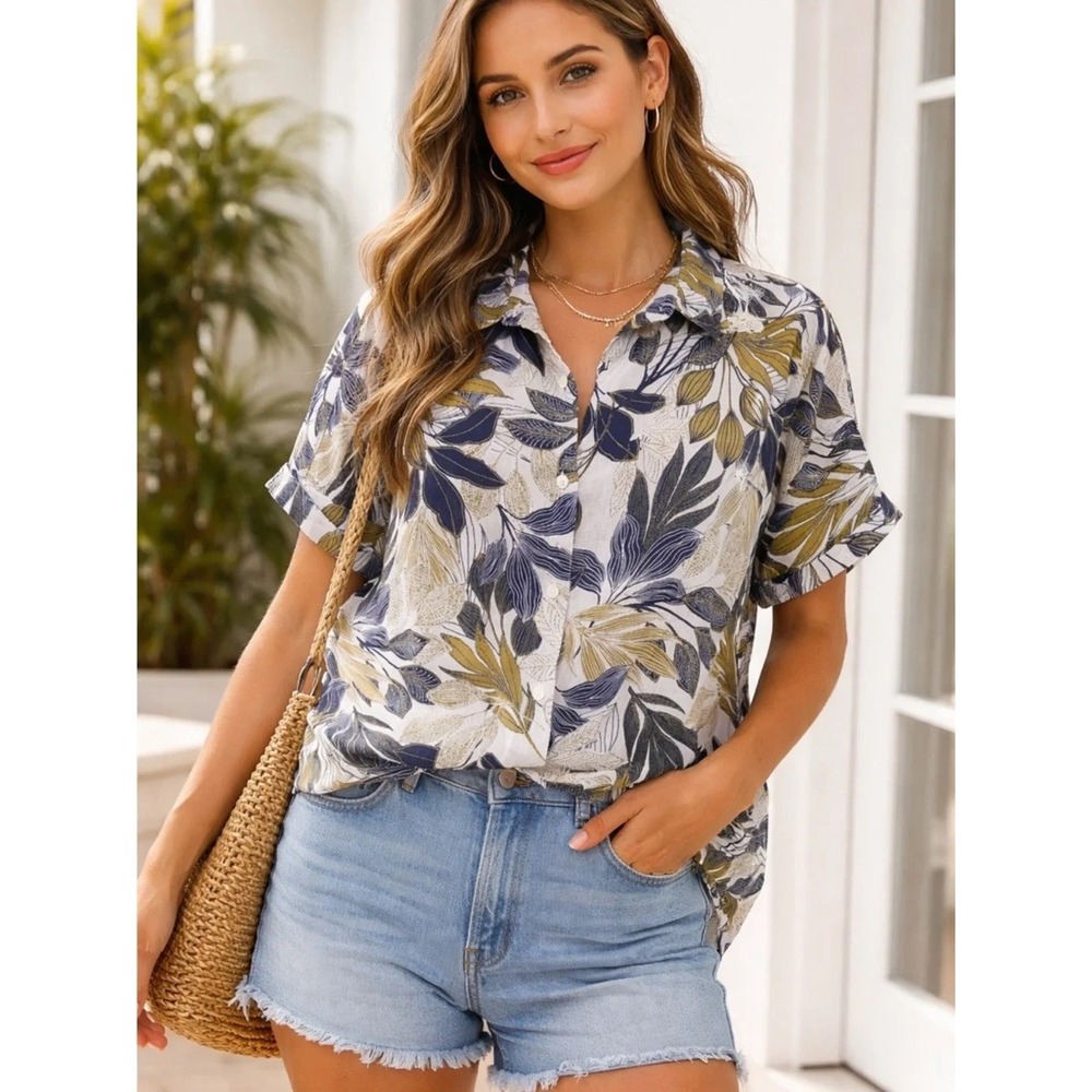 Tahari Womens 100% Linen Short Sleeve Botanical Leaf Print Button Down Shirt S